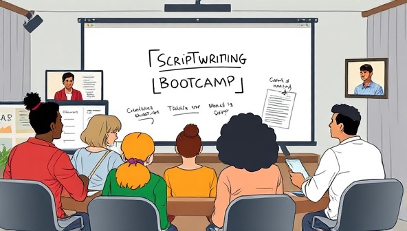 A digital illustration of a virtual scriptwriting bootcamp, featuring a diverse group of participants collaborating on scripts through video conferencing, sharing ideas on a virtual whiteboard, and receiving feedback from industry experts, capturing the essence of creativity and collaboration in script development.
