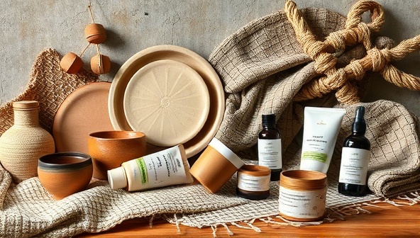 An artistic flat lay arrangement showcasing handmade pottery, woven textiles, and botanical skincare products, set against a rustic backdrop with natural lighting, embodying the essence of artisanal craftsmanship and creativity.