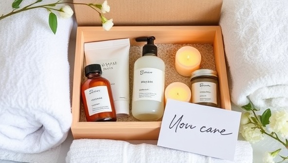 An inviting image of a beautifully arranged spa kit with natural skincare products, scented candles, fluffy towels, and a handwritten note, creating a serene and luxurious atmosphere that invites relaxation and self-care.