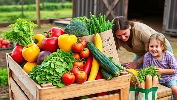 An image of a colorful array of fresh fruits and vegetables arranged in a wooden crate, with a rustic farm background and a happy family enjoying a meal made from the delivered produce, highlighting freshness and community support.