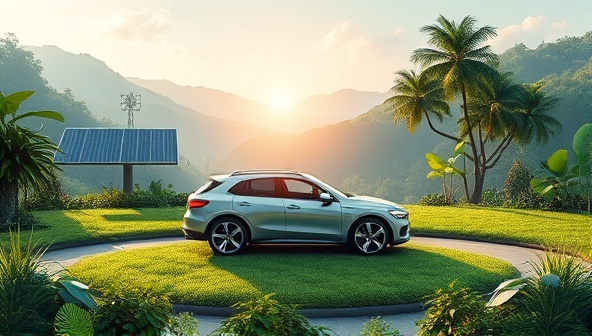 An artistic representation of a serene digital landscape with a stylized car symbolizing balance and harmony, surrounded by lush greenery, solar panels, and eco-conscious design elements, conveying a message of sustainable car care and holistic wellness in a modern and inspirational setting.