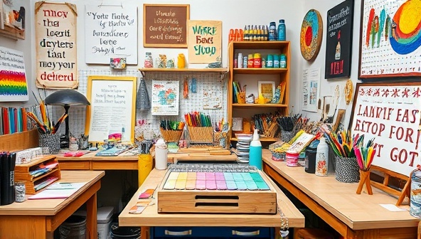 An artist's workspace filled with colorful craft supplies, tools, and handmade creations, surrounded by inspirational quotes and artistic decor, evoking the creativity and community spirit fostered by the virtual artisan workshops.