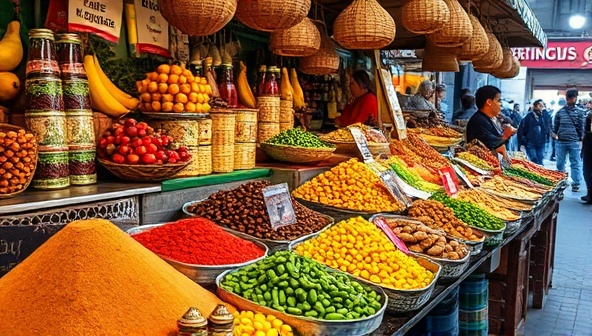 An appetizing image featuring a vibrant food market scene with colorful spices, exotic fruits, and local delicacies displayed on stalls, evoking the sensory richness and cultural diversity of culinary experiences awaiting travelers through FlavorQuest Journeys.