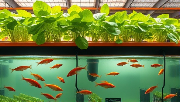 An aquaponics farm scene with fish swimming in tanks below lush green plants growing above, illustrating the symbiotic relationship between aquaculture and hydroponics in a sustainable farming setting.