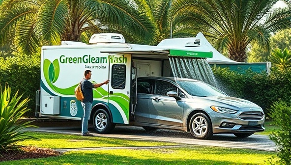 An artistic representation of a mobile car wash unit equipped with eco-friendly cleaning products and water-saving technologies, surrounded by lush greenery and a clean car being washed, emphasizing the sustainable and nature-friendly approach of GreenGleam Wash's service.