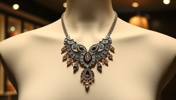 An elegant 3D printed necklace hanging on a stylish mannequin, showcasing intricate details and modern design, symbolizing individuality and sophistication in jewelry.