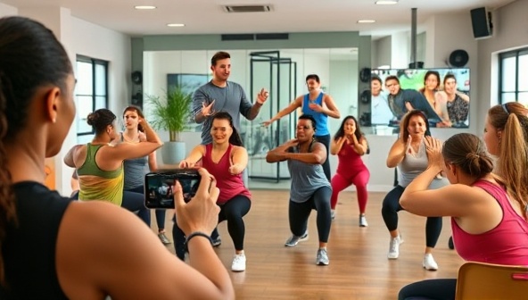 A vibrant and energetic virtual fitness class scene with a diverse group of participants following a coach's instructions on their screens, displaying enthusiasm and engagement in the workout session.