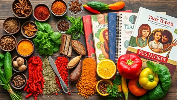 An enticing display of exotic spices, fresh herbs, colorful vegetables, and international cookbooks, evoking the vibrant and flavorful culinary journey offered by Taste Travels' subscription boxes.
