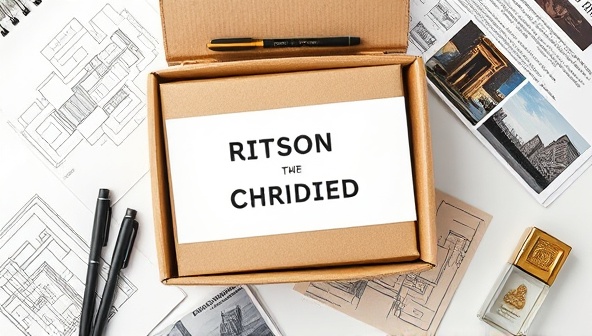 An artistic flat lay of an Architectural Design Subscription Box, featuring architectural sketches, drafting pens, design books, inspirational mood boards, and a personalized design challenge card, all elegantly arranged in a stylish box, inviting subscribers to dive into a world of creativity and design exploration.