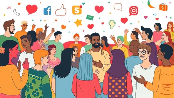 An artistic illustration of diverse community members interacting and engaging within a vibrant social media platform, highlighting the sense of belonging and shared interests fostered by niche community management services.