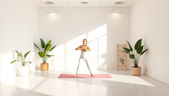 An aesthetically pleasing social media post featuring a serene virtual studio setting with soft lighting, gentle music, and a virtual instructor guiding a mindful movement class, surrounded by plants and calming decor elements, evoking a sense of tranquility and well-being.