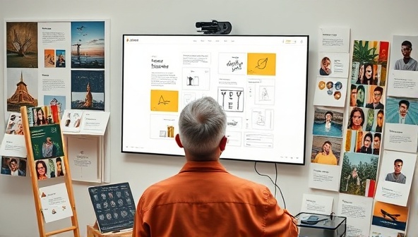 An AI assistant generating design concepts on a digital canvas, surrounded by inspirational mood boards and client feedback, illustrating the seamless integration of artificial intelligence and human creativity in web design consultancy, symbolizing innovation and customization.