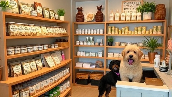 A charming boutique display featuring shelves of organic pet treats, natural grooming products, and pampered pets receiving spa treatments or wellness consultations, exuding an atmosphere of care and luxury for furry friends.