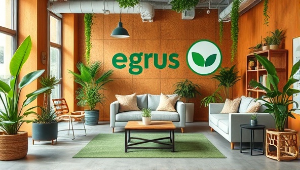 An earthy and vibrant office space featuring recycled furniture, green plants, and eco-friendly branding elements, conveying a harmonious blend of sustainability and creativity in a digital marketing environment.