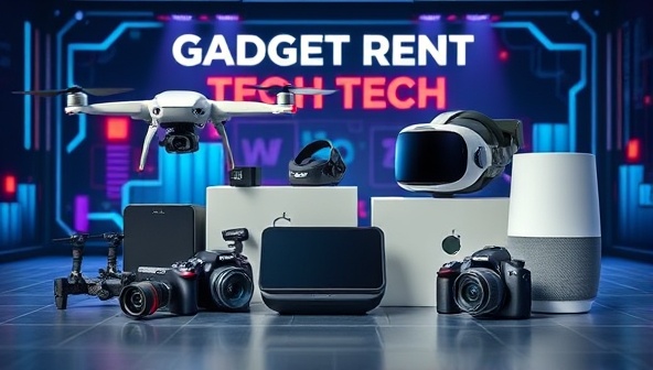 An engaging image featuring a selection of high-tech gadgets available for rent, including drones, cameras, VR headsets, and smart speakers, displayed attractively on a tech-themed backdrop with futuristic lighting, showcasing the diversity and appeal of GadgetGo Rentals' offerings.