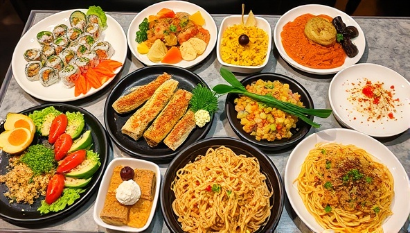 An appetizing spread of diverse dishes, including sushi, tacos, pasta, and desserts, neatly arranged on a table with vibrant colors and garnishes, representing the culinary diversity and convenience of ordering through the online food delivery platform.