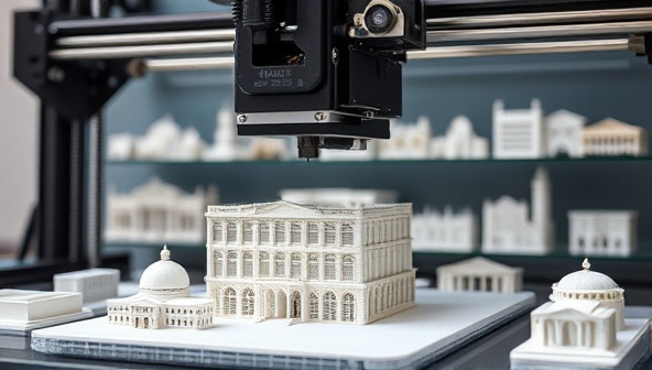A close-up shot of a 3D printer in action, creating a detailed architectural model layer by layer, with a diverse range of model designs displayed in the background, highlighting the precision and versatility of 3D printing technology in architectural model-making.