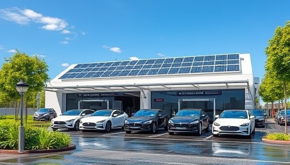A modern and sleek car wash facility with solar panels on the roof, lush greenery surrounding the premises, and a line of electric cars waiting for a wash, symbolizing sustainability and innovation.