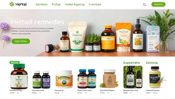 An e-commerce platform homepage showcasing a variety of herbal remedies, supplements, and natural health products with vibrant packaging and descriptions, creating an inviting and informative online shopping experience for holistic wellness seekers.