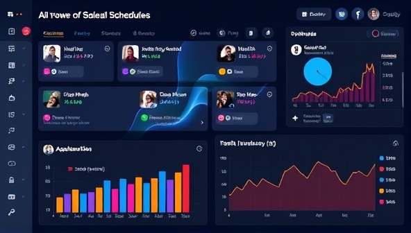 A dynamic digital visualization showing AI-powered social media posts being scheduled and optimized on various platforms, with charts and graphs displaying increased engagement and reach, emphasizing the intelligent automation and data-driven insights of the scheduling tool.