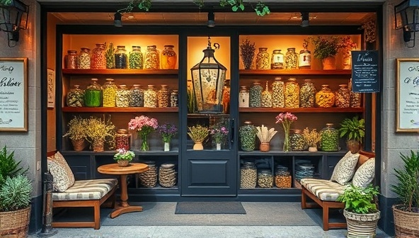 An inviting storefront with a charming display of apothecary jars filled with colorful herbs, dried flowers, and natural remedies, complemented by cozy seating areas and soothing herbal scents, evoking a sense of tranquility and natural beauty.