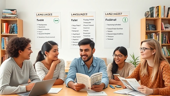 An online language learning scene featuring a diverse group of students engaging in a virtual classroom environment, practicing conversational phrases and cultural expressions, with language textbooks and travel guides in the background, fostering a collaborative and immersive learning experience.