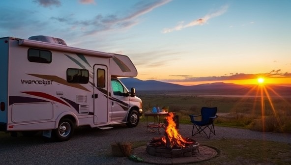 An RV parked in a scenic campground with a campfire, outdoor chairs, and a picturesque sunset in the background, evoking the sense of adventure and relaxation experienced by Wanderlust RV Club members on their travel journeys.