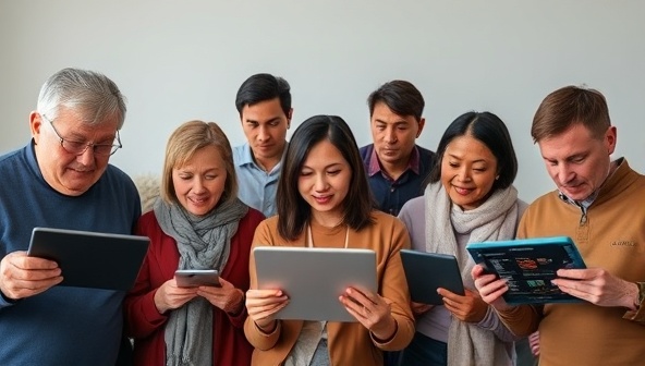 An inclusive and diverse group of individuals interacting with a website displayed on various devices, including screen readers, Braille displays, and voice command tools, highlighting the importance of accessibility in web design for all users.
