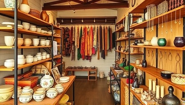 A cozy marketplace setting with shelves filled with handcrafted ceramics, colorful textiles, and intricate jewelry, displayed in a welcoming and rustic environment, evoking a sense of community and craftsmanship.