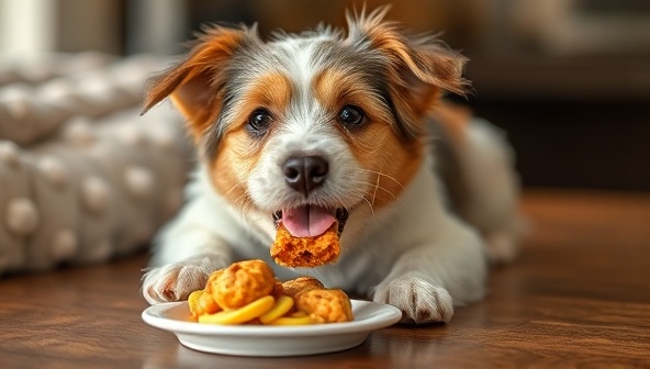 An adorable pet enjoying a gourmet treat from a Paws & Palate food box, surrounded by organic ingredients, cute pet accessories, and a cozy pet bed, conveying a luxurious and indulgent dining experience for beloved pets.
