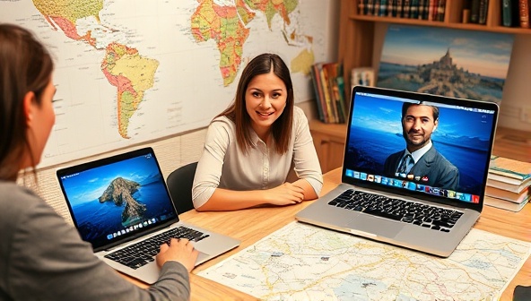 A virtual travel concierge assisting a client via video call, surrounded by travel brochures, maps, and a laptop showcasing exotic destinations, creating a sense of adventure and personalization.