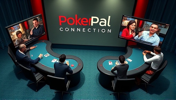 An engaging visual representation of PokerPal Connection showcasing virtual poker tables with animated avatars of players interacting in real-time, accompanied by video chat windows displaying live conversations and reactions, capturing the social and interactive essence of the social poker platform.