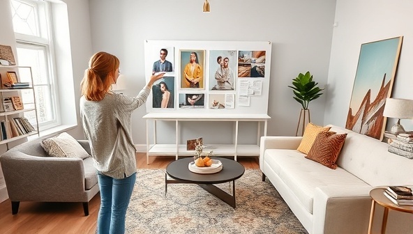 A virtual interior design studio with a designer presenting a mood board and design concept for a client's living room, surrounded by fabric swatches, paint samples, and furniture catalogs, creating a stylish and creative atmosphere for home decor inspiration and transformation.