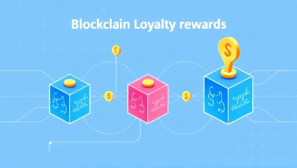 A digital illustration symbolizing blockchain loyalty rewards, featuring interconnected blocks forming a loyalty chain with digital tokens flowing between them, highlighting the secure and transparent nature of blockchain-based loyalty programs.
