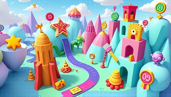 A vibrant and interactive virtual world populated with colorful puzzles, design tools, and achievement badges, representing the gamified learning environment of DesignQuest Academy for web design enthusiasts to explore and conquer.