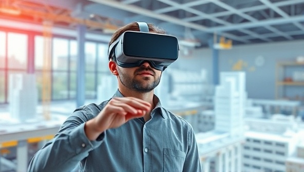 An architect wearing a VR headset immersed in a digital construction site, interacting with a 3D model of a building project, surrounded by virtual tools and design elements, illustrating the innovative use of VR technology in construction visualization and design collaboration.