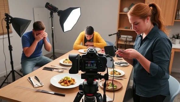 A creative workshop setup with a camera capturing a beautifully plated dish, accompanied by photography props and lighting equipment, a participant adjusting the camera settings, and an instructor providing guidance on food styling techniques, illustrating a dynamic and interactive learning environment for food photography enthusiasts.