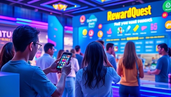An interactive visual of users engaging with the RewardQuest app on their smartphones, completing challenges and earning rewards in a vibrant and dynamic virtual environment, illustrating the fun and interactive nature of the loyalty program.