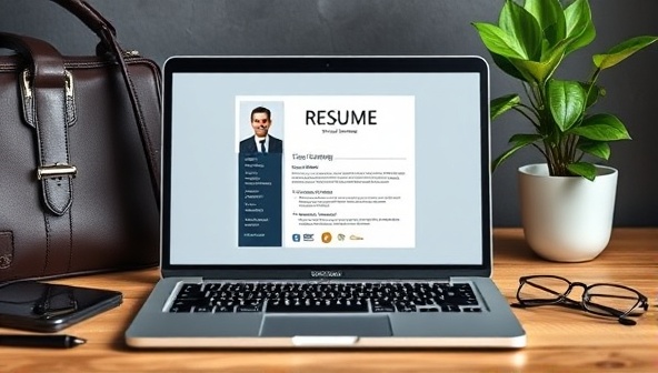 A sleek and modern laptop with a professionally designed resume displayed on the screen, surrounded by career-related items like a briefcase, glasses, and a plant, conveying professionalism and career advancement.