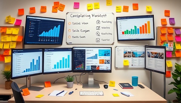 A dynamic digital marketing workspace with multiple screens displaying analytics dashboards, creative ad designs, and social media engagement metrics, surrounded by vibrant post-it notes and a whiteboard filled with strategic marketing plans, symbolizing innovation and growth in the digital realm.