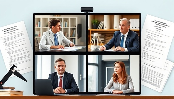 An engaging visual of a virtual lobbying team brainstorming strategies on video conference calls with legislative documents and policy briefs in the background, symbolizing collaborative advocacy efforts and impactful lobbying campaigns.