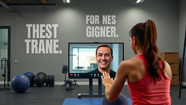 An inspiring visual of a virtual fitness coaching session, showing a trainer guiding a client through a workout routine via a video call, with motivational quotes and fitness equipment in the background, creating a dynamic and energetic atmosphere.