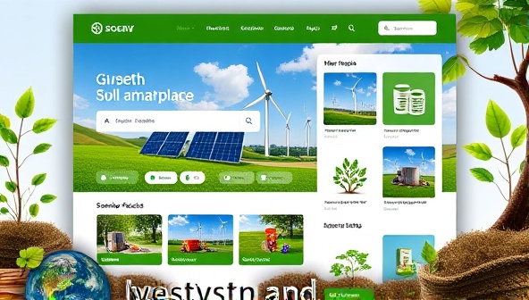 An earthy and green-themed design featuring a marketplace interface with vibrant images of solar panels, wind turbines, and sustainable products, creating a visually appealing and eco-friendly investment atmosphere.