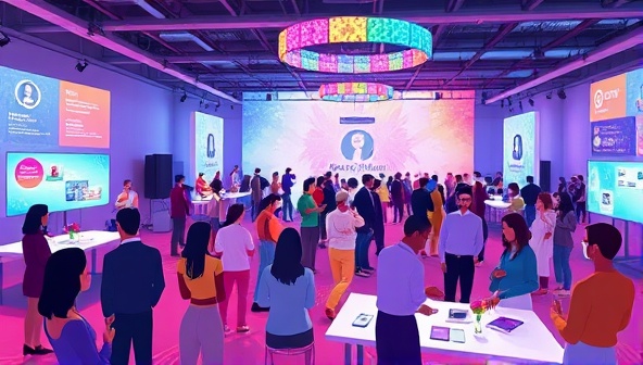 An artistic digital rendering of a virtual event space with interactive elements, vibrant colors, and a diverse group of avatars engaging in discussions and activities, symbolizing the dynamic nature of virtual events.