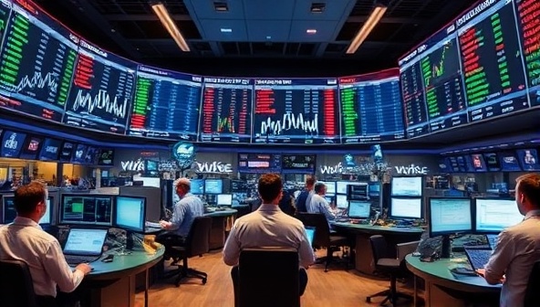 A dynamic stock market trading floor setting with digital screens displaying stock prices, charts, and trading volumes, surrounded by virtual traders making strategic decisions and analyzing market trends, illustrating the immersive and educational nature of the StockBet Simulator platform.