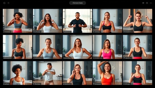 A vibrant online workout class scene with diverse participants following a trainer's instructions on their screens, showcasing energy, motivation, and inclusivity.