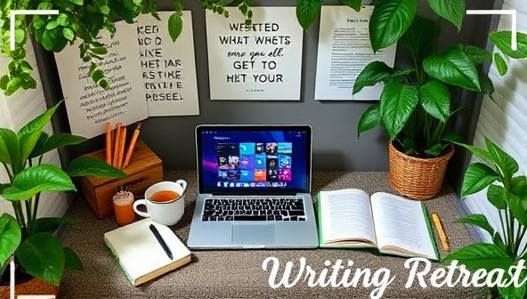 A virtual writing retreat setup featuring a cozy writing nook with a laptop, notebooks, and a cup of tea, surrounded by inspirational quotes and lush greenery, creating a serene and productive atmosphere for creative writing sessions.