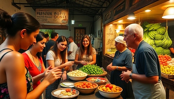 An engaging image capturing a group of travelers participating in a hands-on cultural workshop or exploring a vibrant local market with a passionate host, showcasing the immersive and authentic experiences offered through AuthentiCity Explorations for travelers seeking genuine connections and memorable encounters.