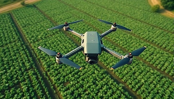 An aerial view of farmland with drones flying over crops, capturing data and imagery for crop monitoring and analysis, showcasing the advanced technology and precision agriculture solutions offered by the drone-based agricultural monitoring platform.