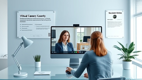 A digital workspace setting with a virtual career coach providing advice and guidance to a client through a video call, with career resources, job listings, and success stories in the background, conveying professionalism and career support.